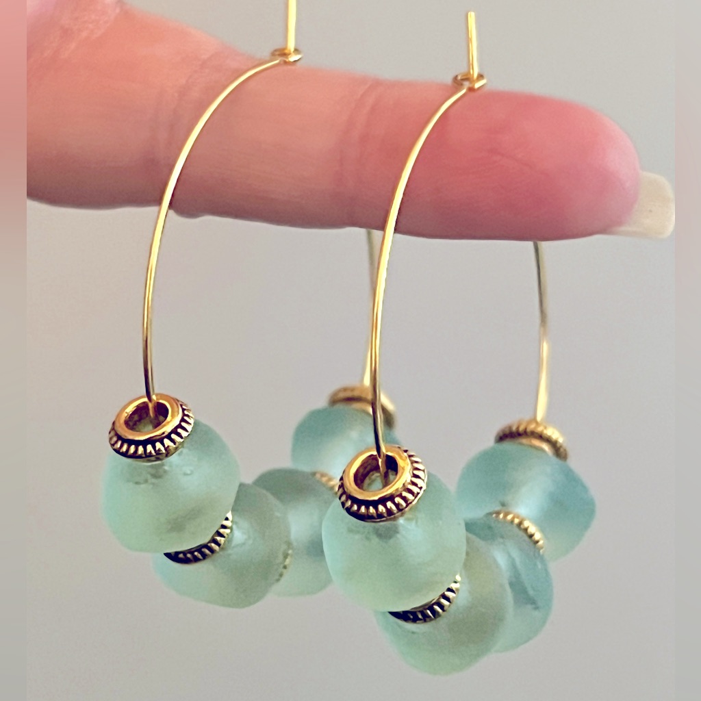 New Pretty Light Aqua African Recycled Glass Bead & Gold Tone Hoop Earrings